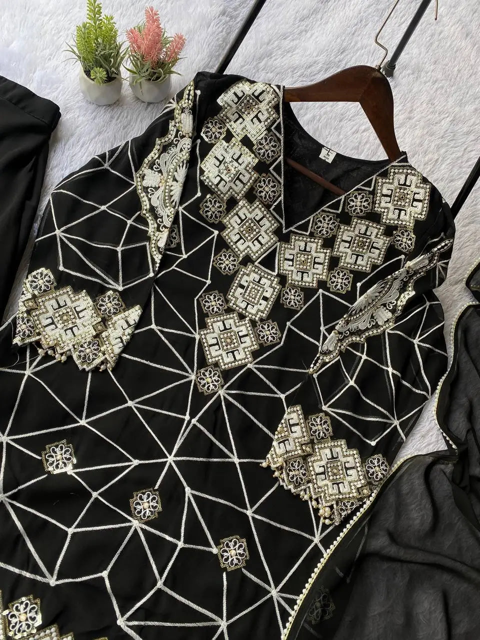 Georgette Sequence Embroidered Kurti Palazzo Set for Festive and Party Wear