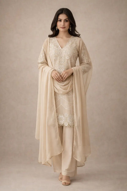 Georgette Sequence Embroidered Kurti Palazzo Set for Festive and Party Wear