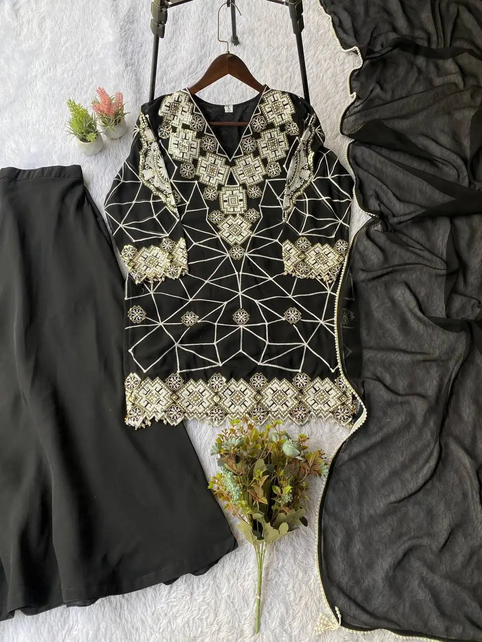 Georgette Sequence Embroidered Kurti Palazzo Set for Festive and Party Wear