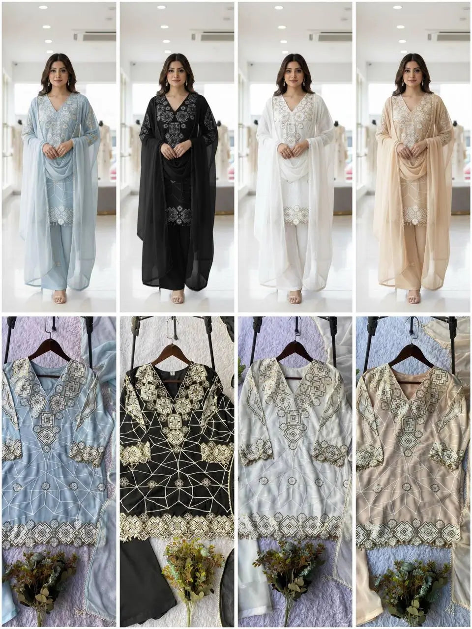 Georgette Sequence Embroidered Kurti Palazzo Set for Festive and Party Wear