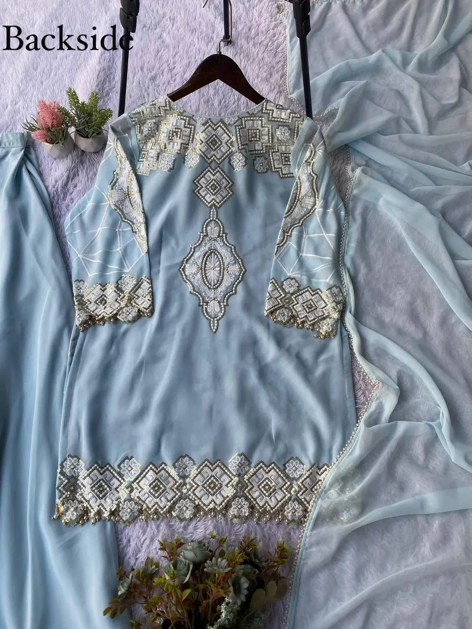 Georgette Sequence Embroidered Kurti Palazzo Set for Festive and Party Wear