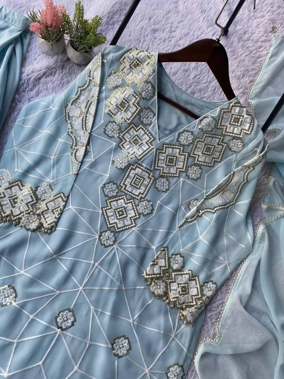 Georgette Sequence Embroidered Kurti Palazzo Set for Festive and Party Wear
