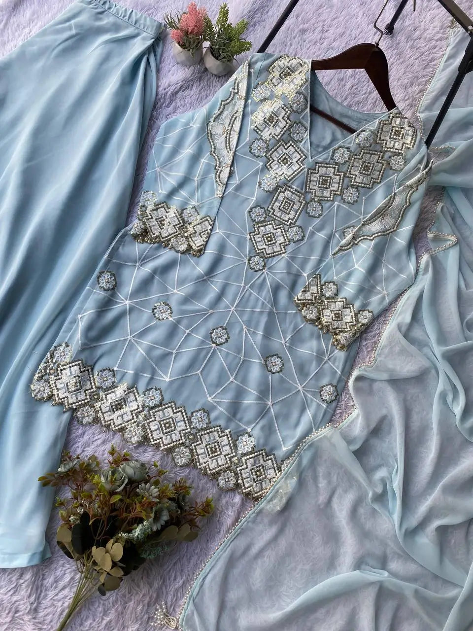Georgette Sequence Embroidered Kurti Palazzo Set for Festive and Party Wear