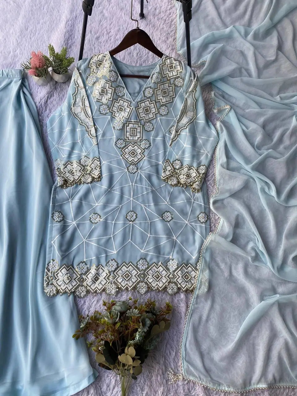 Georgette Sequence Embroidered Kurti Palazzo Set for Festive and Party Wear