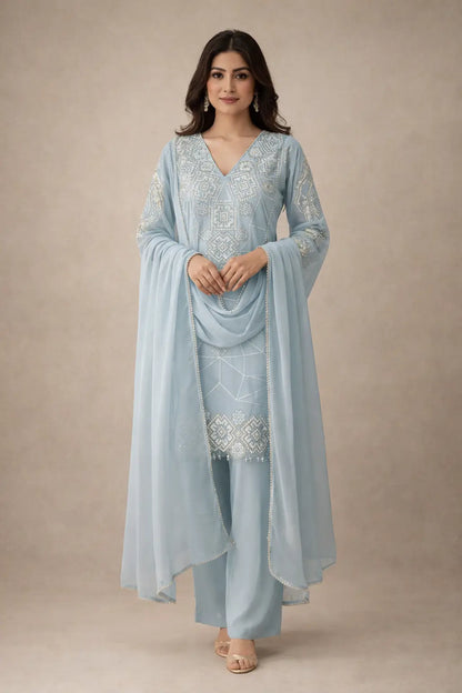 Georgette Sequence Embroidered Kurti Palazzo Set for Festive and Party Wear