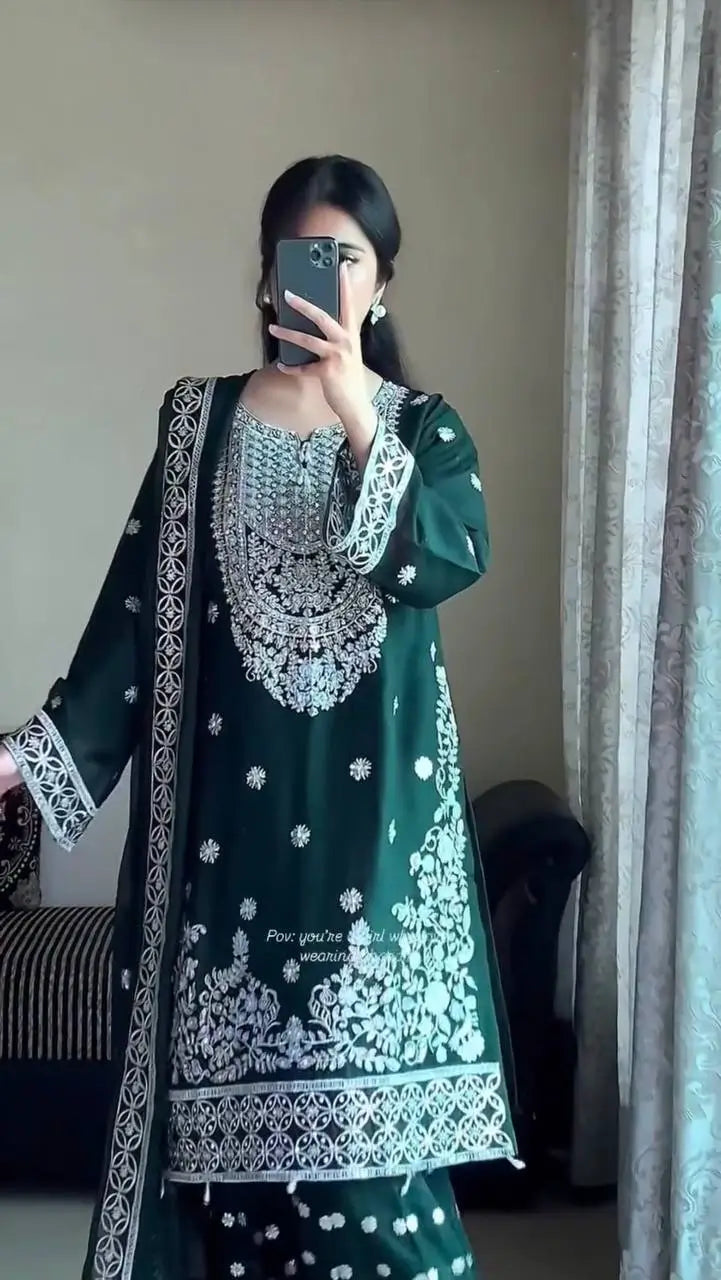 Georgette Thread Sequin Embroidered Sharara Suit Set with 4-Side Lace Dupatta | Festive Wedding Wear