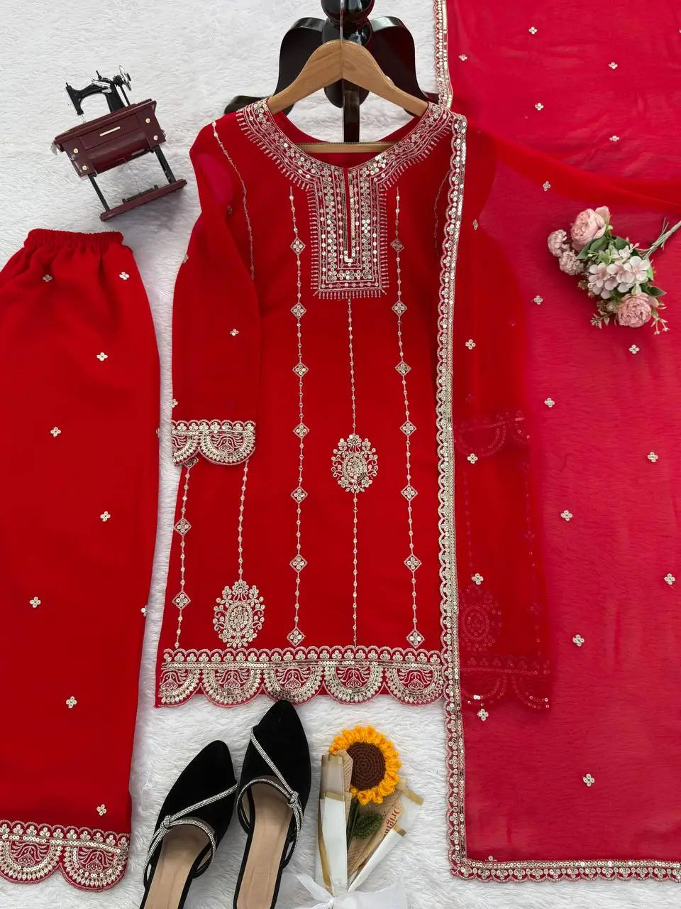 Georgette Thread Sequin Embroidered Sharara Suit Set with 4-Side Lace Dupatta | Festive Wedding Wear