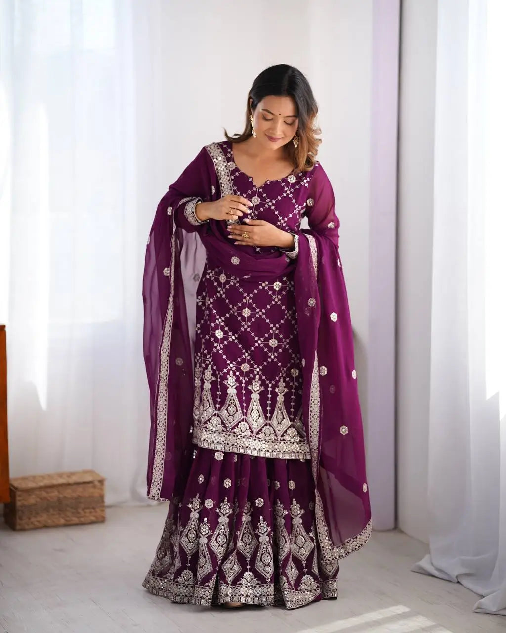 Georgette Thread and Sequin Embroidered Sharara Suit