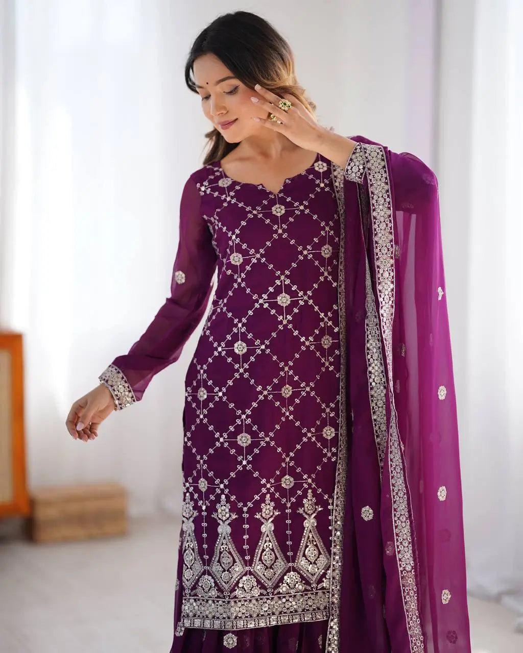 Georgette Thread and Sequin Embroidered Sharara Suit