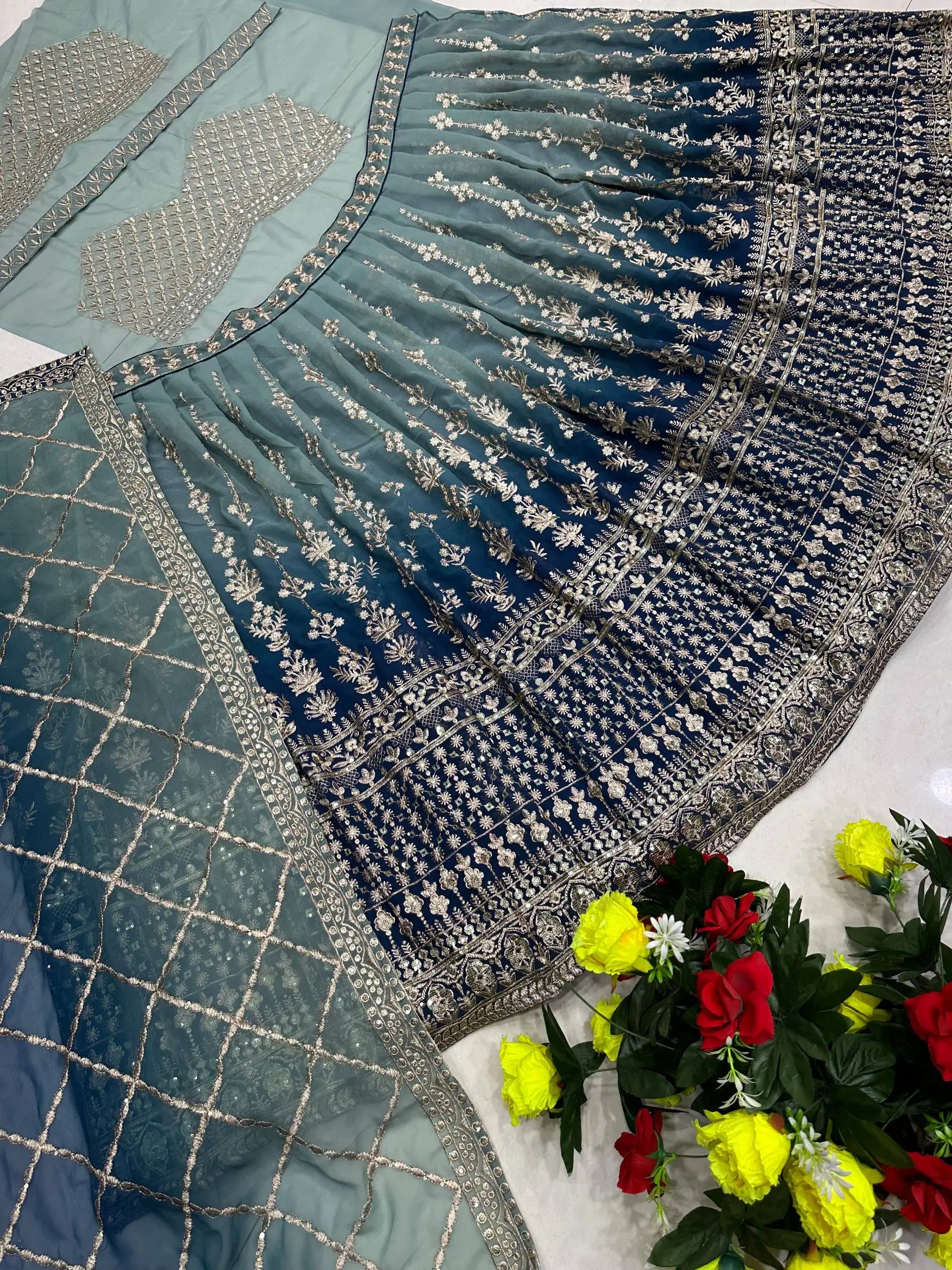 Georgette Zari Sequins Lehenga Choli with Dupatta for Wedding Sangeet Festive Wear