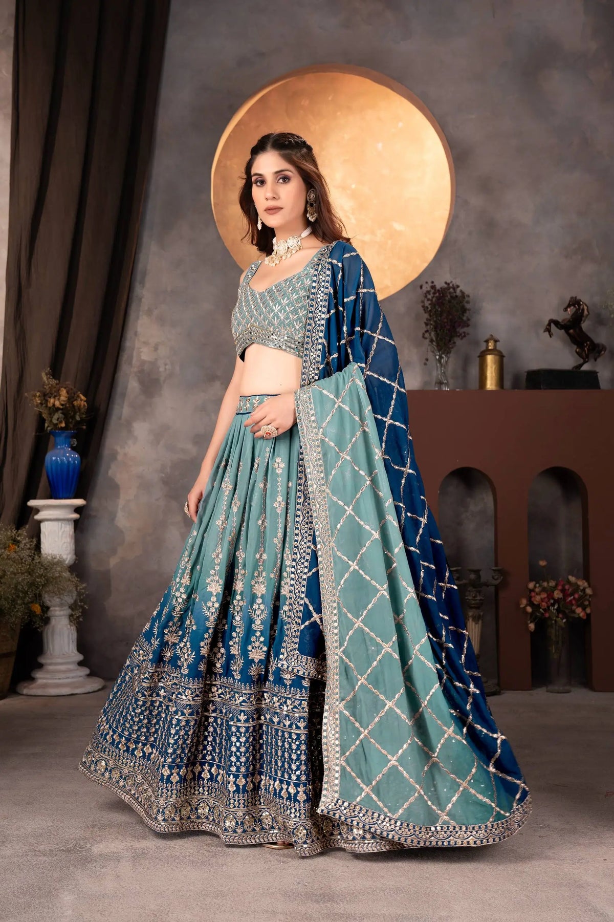 Georgette Zari Sequins Lehenga Choli with Dupatta for Wedding Sangeet Festive Wear
