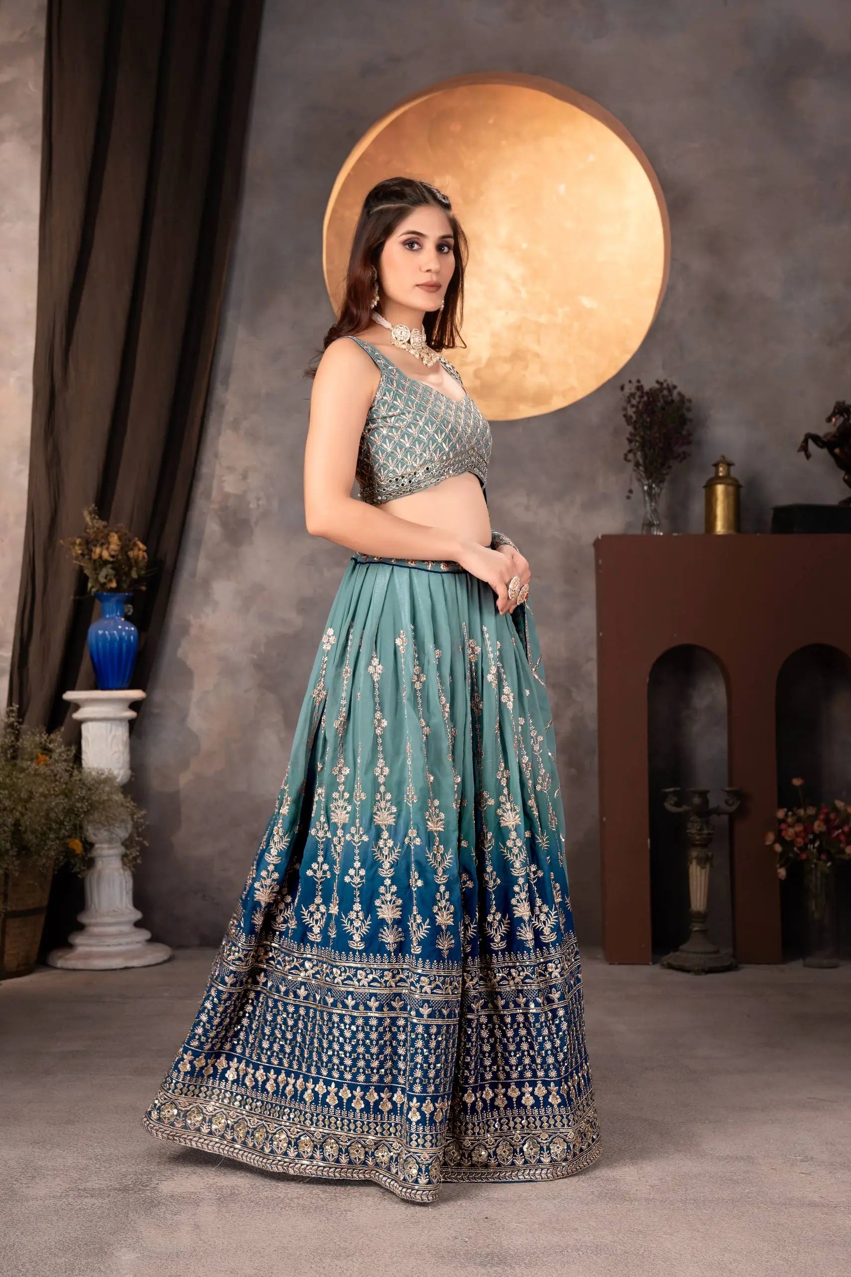 Georgette Zari Sequins Lehenga Choli with Dupatta for Wedding Sangeet Festive Wear