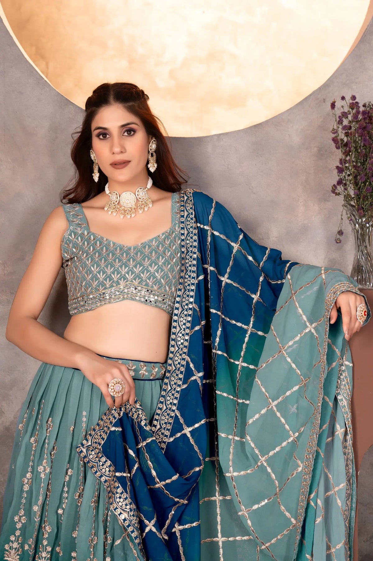 Georgette Zari Sequins Lehenga Choli with Dupatta for Wedding Sangeet Festive Wear