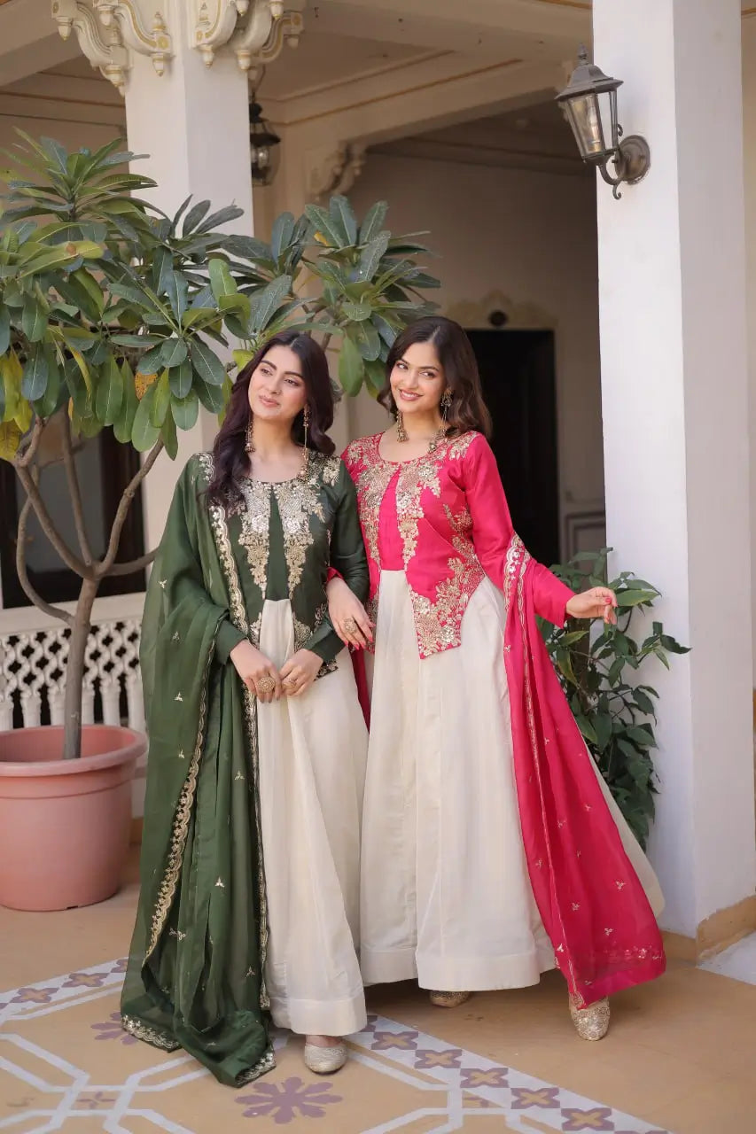 Glass Roman & Cosmos Embroidered Gown with Dupatta – Festive Wear