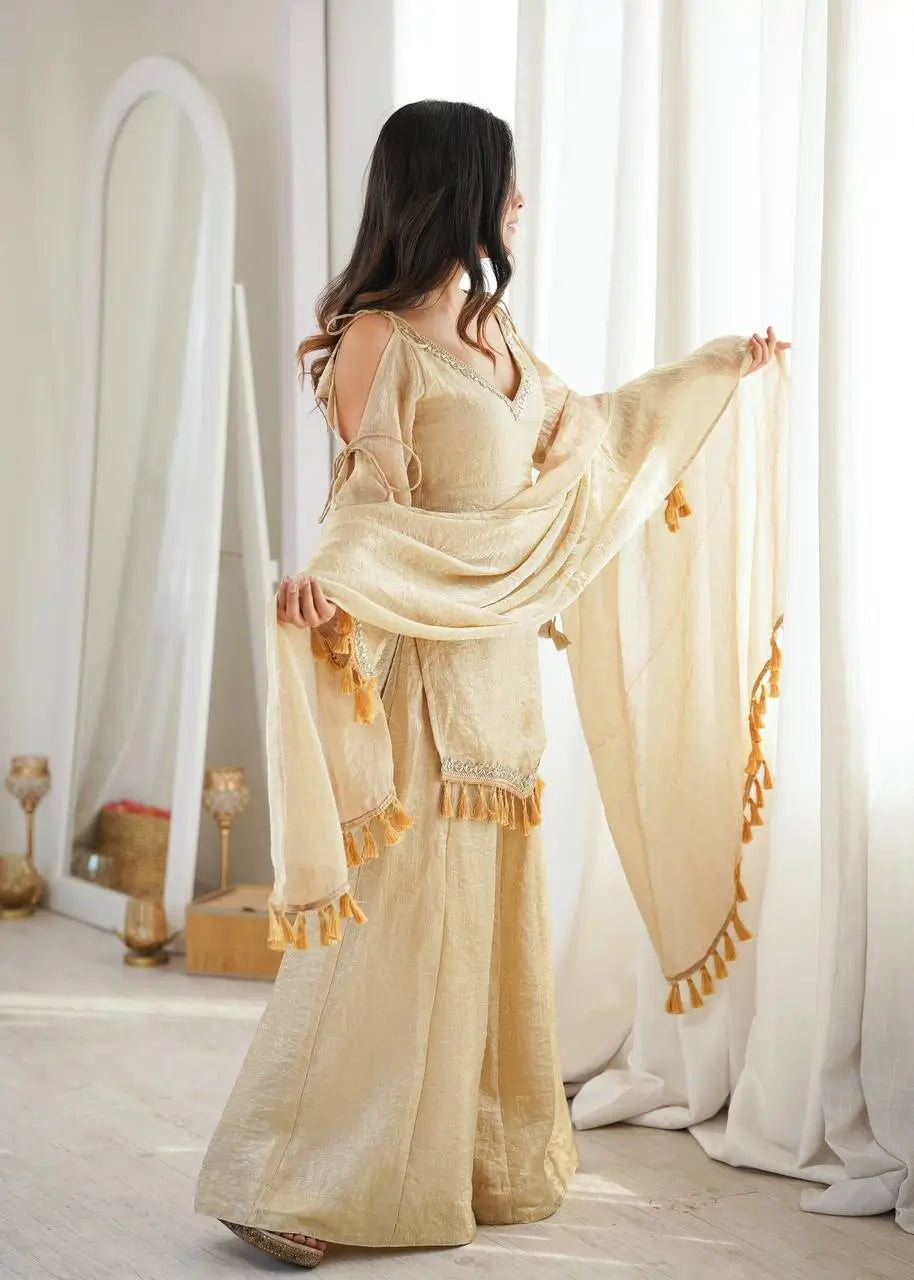 Gold Crepe Kurta Farshi Pant Set with Tassels