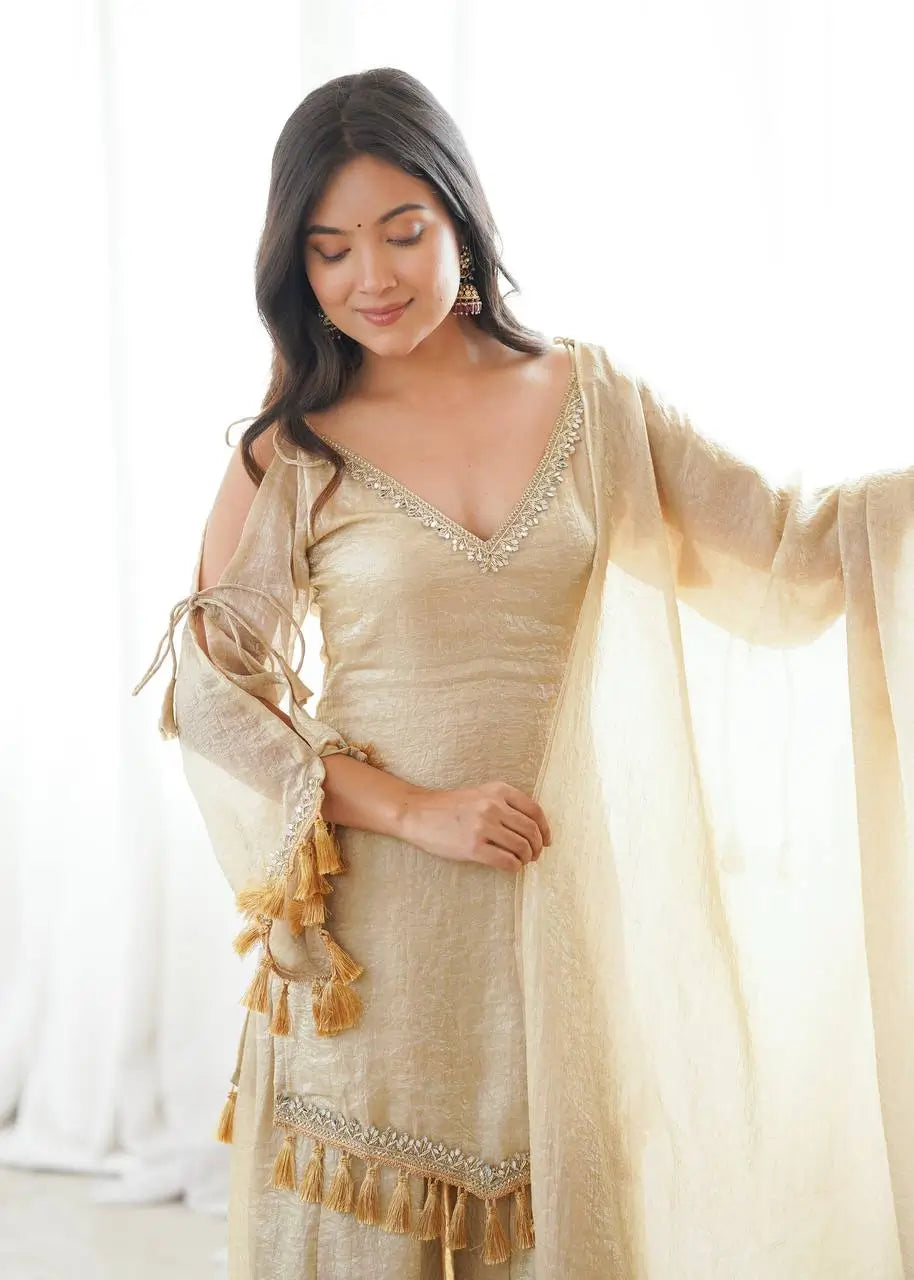 Gold Crepe Kurta Farshi Pant Set with Tassels