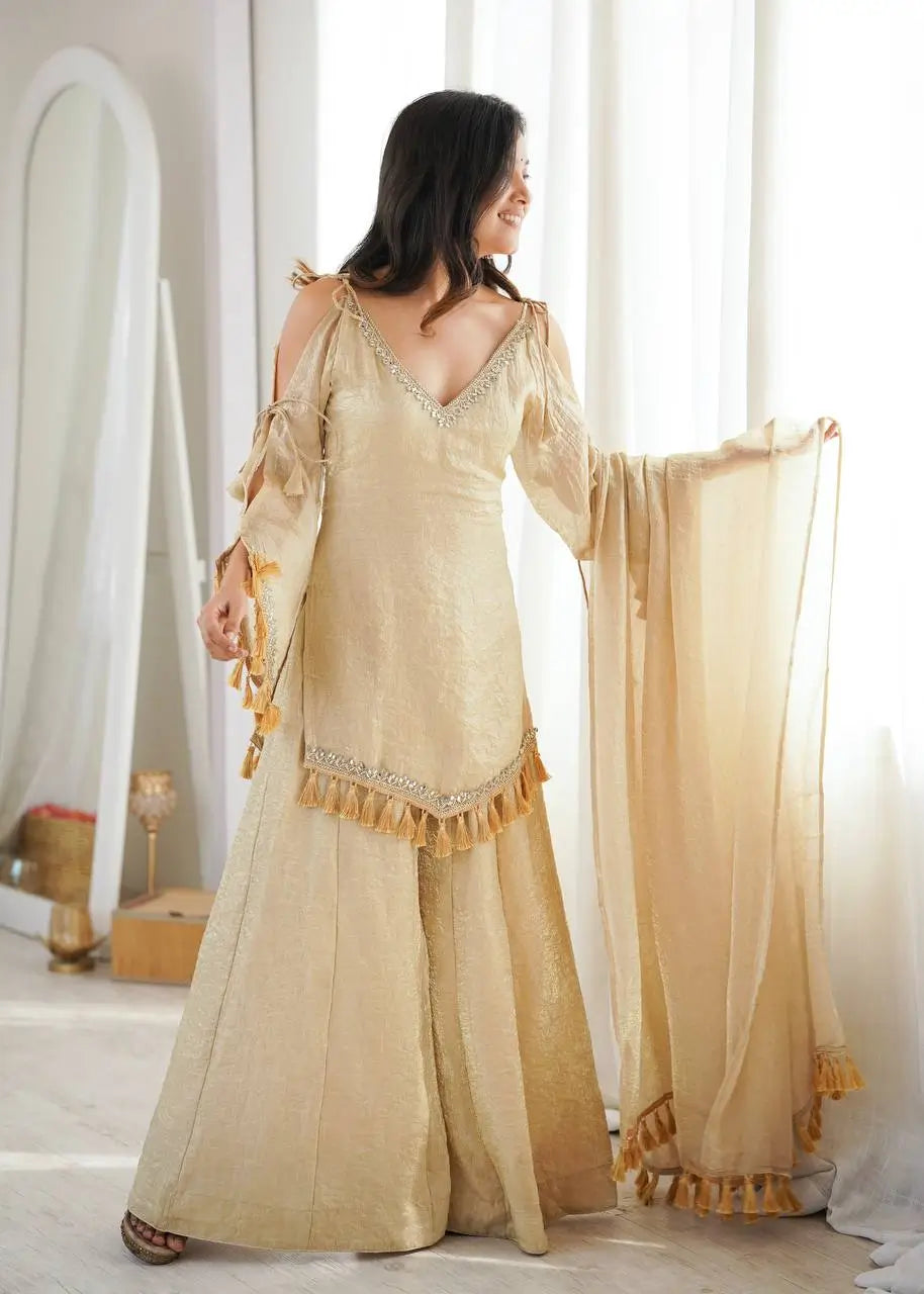 Gold Crepe Kurta Farshi Pant Set with Tassels