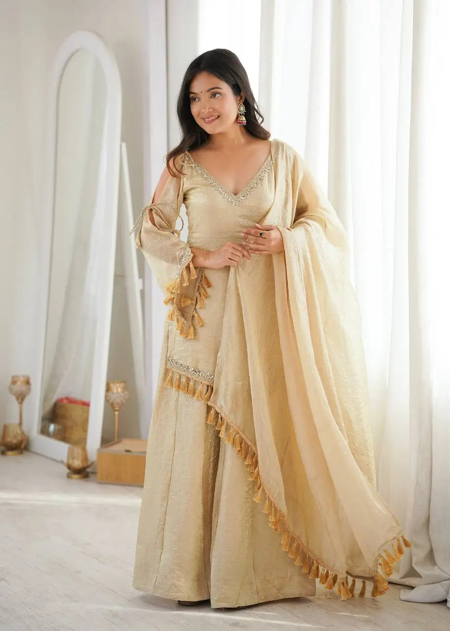 Gold Crepe Kurta Farshi Pant Set with Tassels