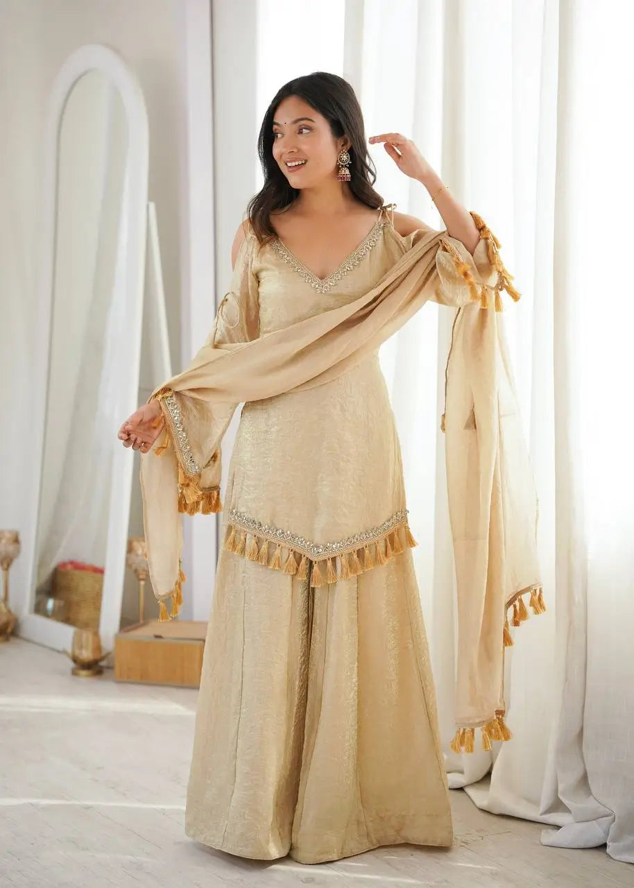 Gold Crepe Kurta Farshi Pant Set with Tassels