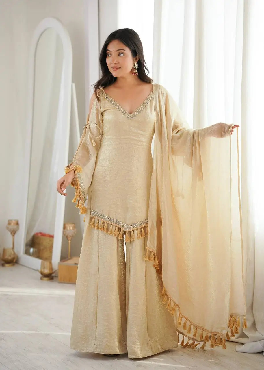 Gold Crepe Kurta Farshi Pant Set with Tassels