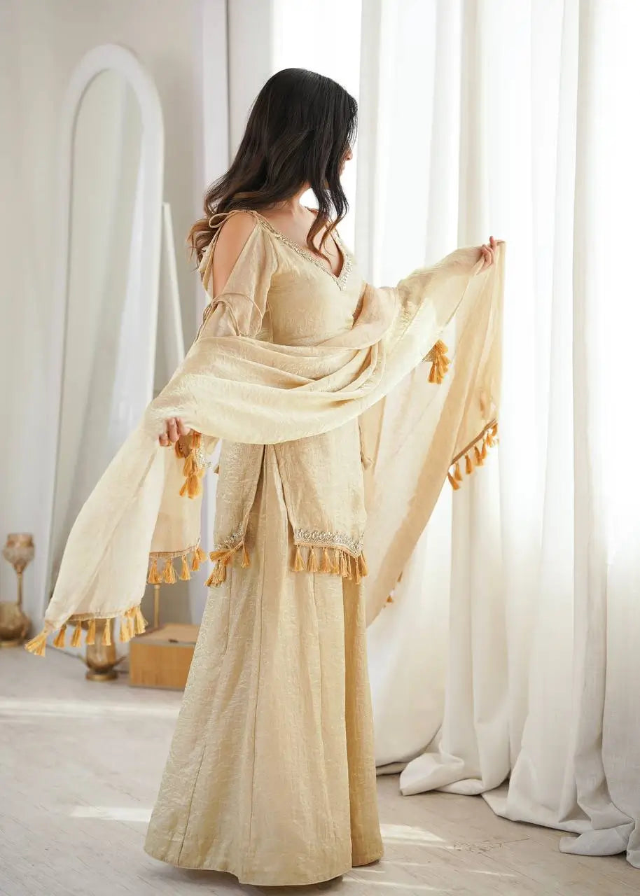 Gold Crepe Kurta Farshi Pant Set with Tassels