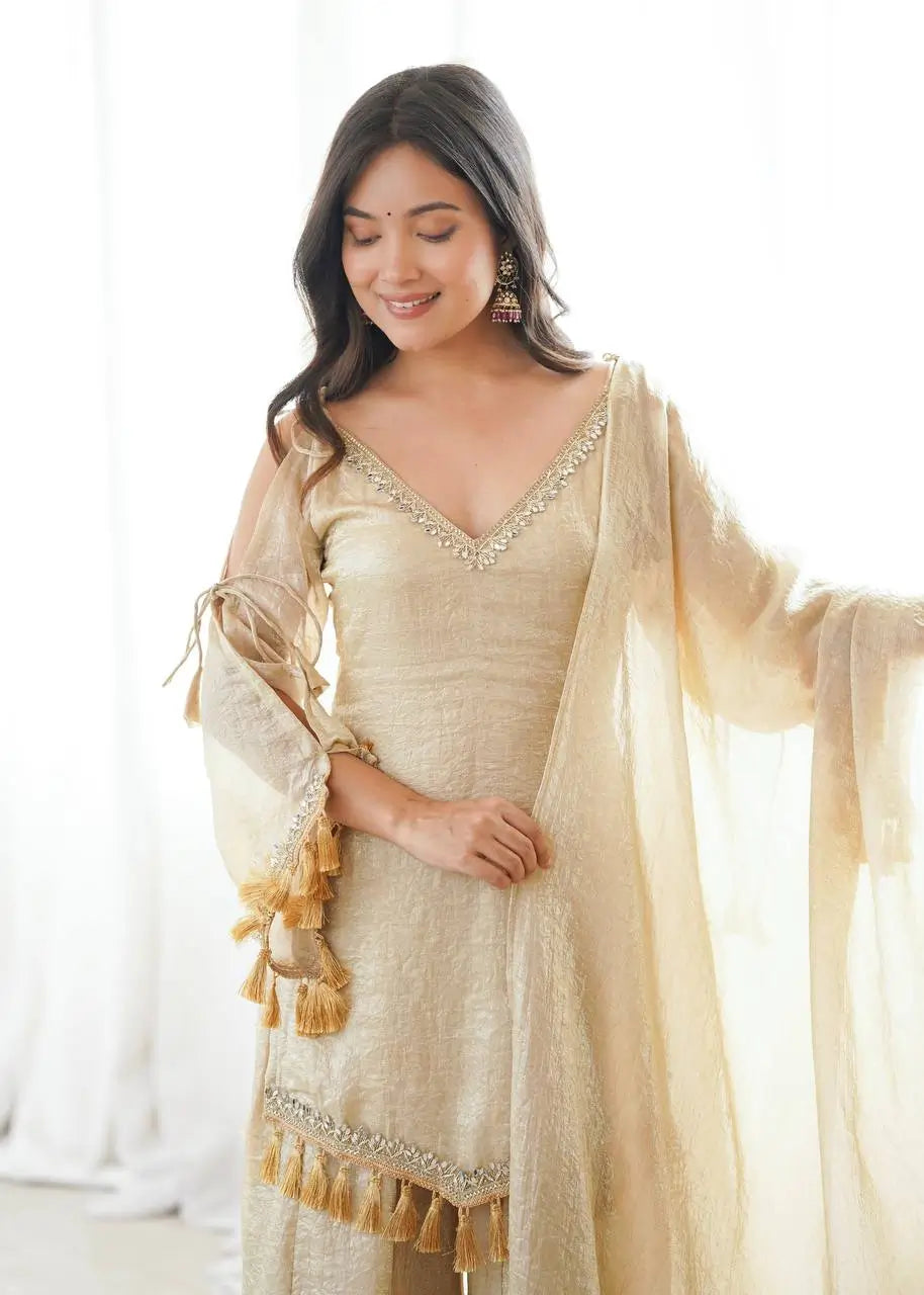 Gold Crepe Kurta Farshi Pant Set with Tassels