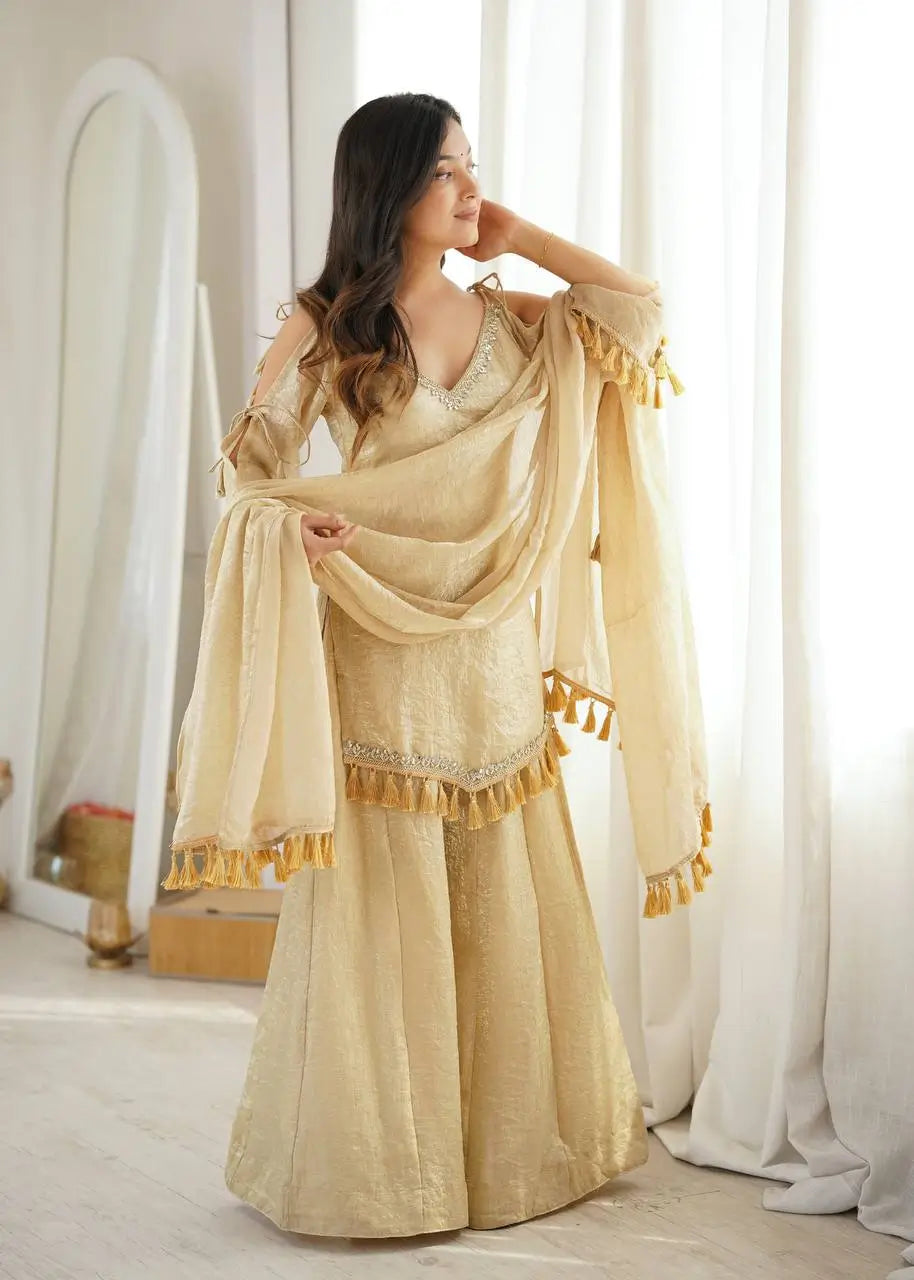 Gold Crepe Kurta Farshi Pant Set with Tassels