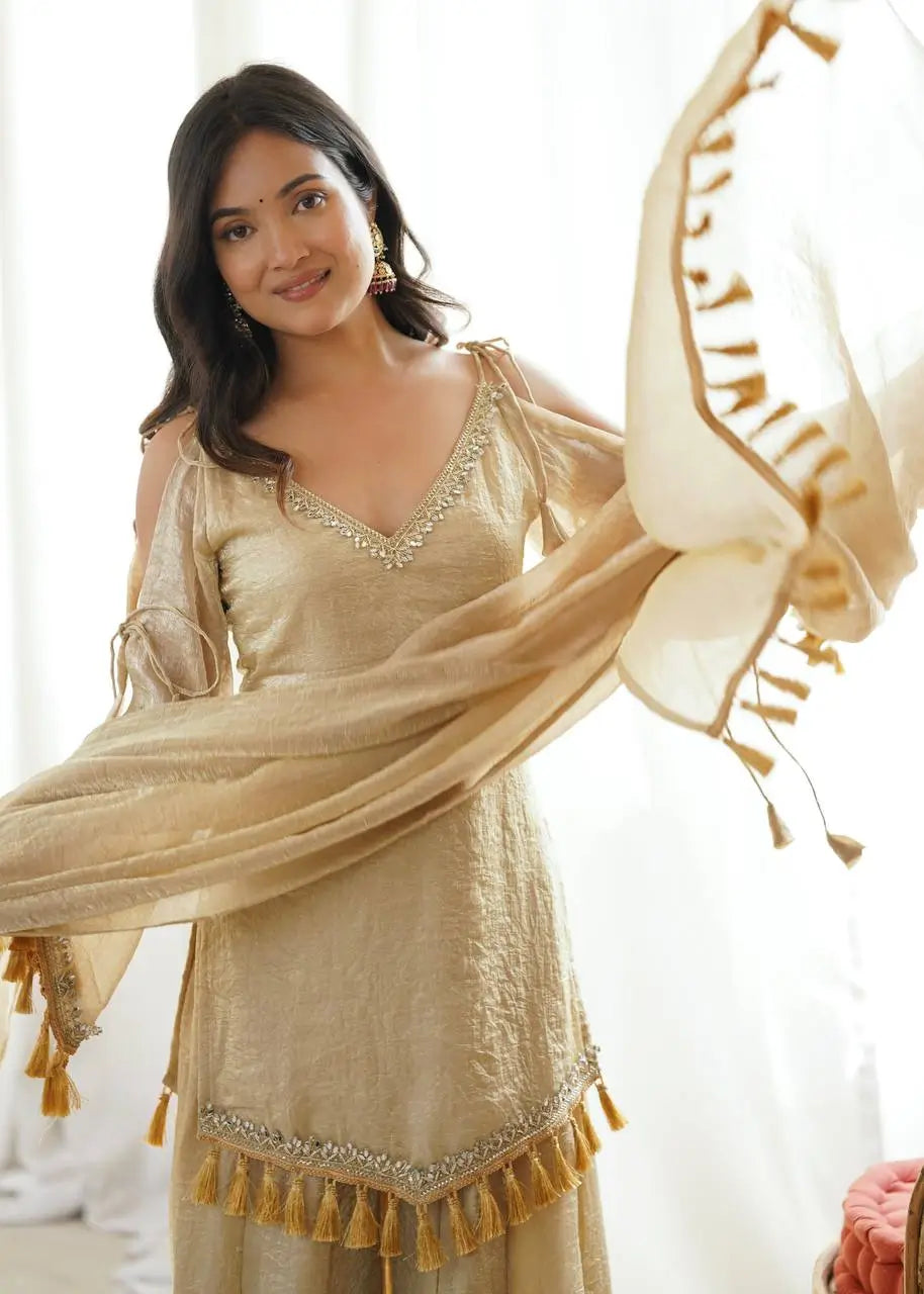 Gold Crepe Kurta Farshi Pant Set with Tassels