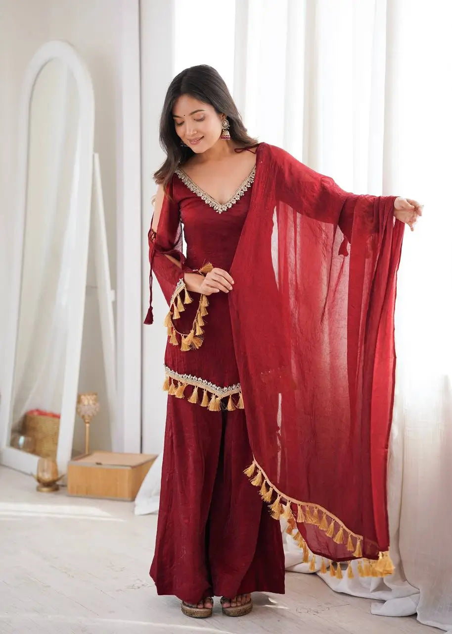 Gold Crepe Kurta Farshi Pant Set with Tassels
