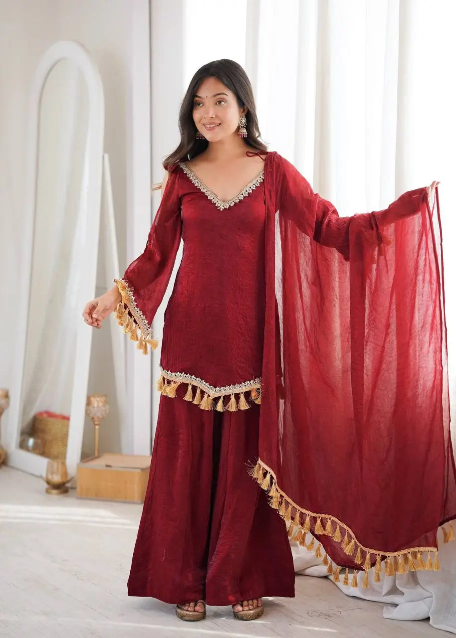 Gold Crepe Kurta Farshi Pant Set with Tassels