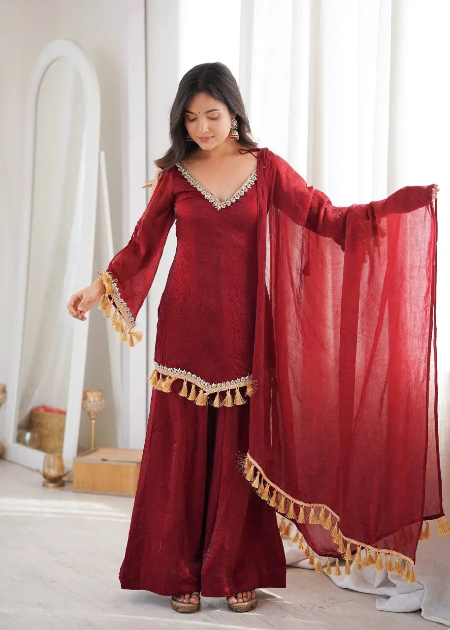 Gold Crepe Kurta Farshi Pant Set with Tassels