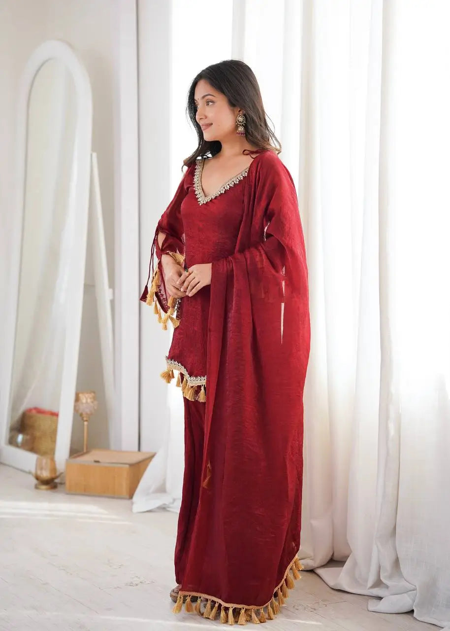 Gold Crepe Kurta Farshi Pant Set with Tassels