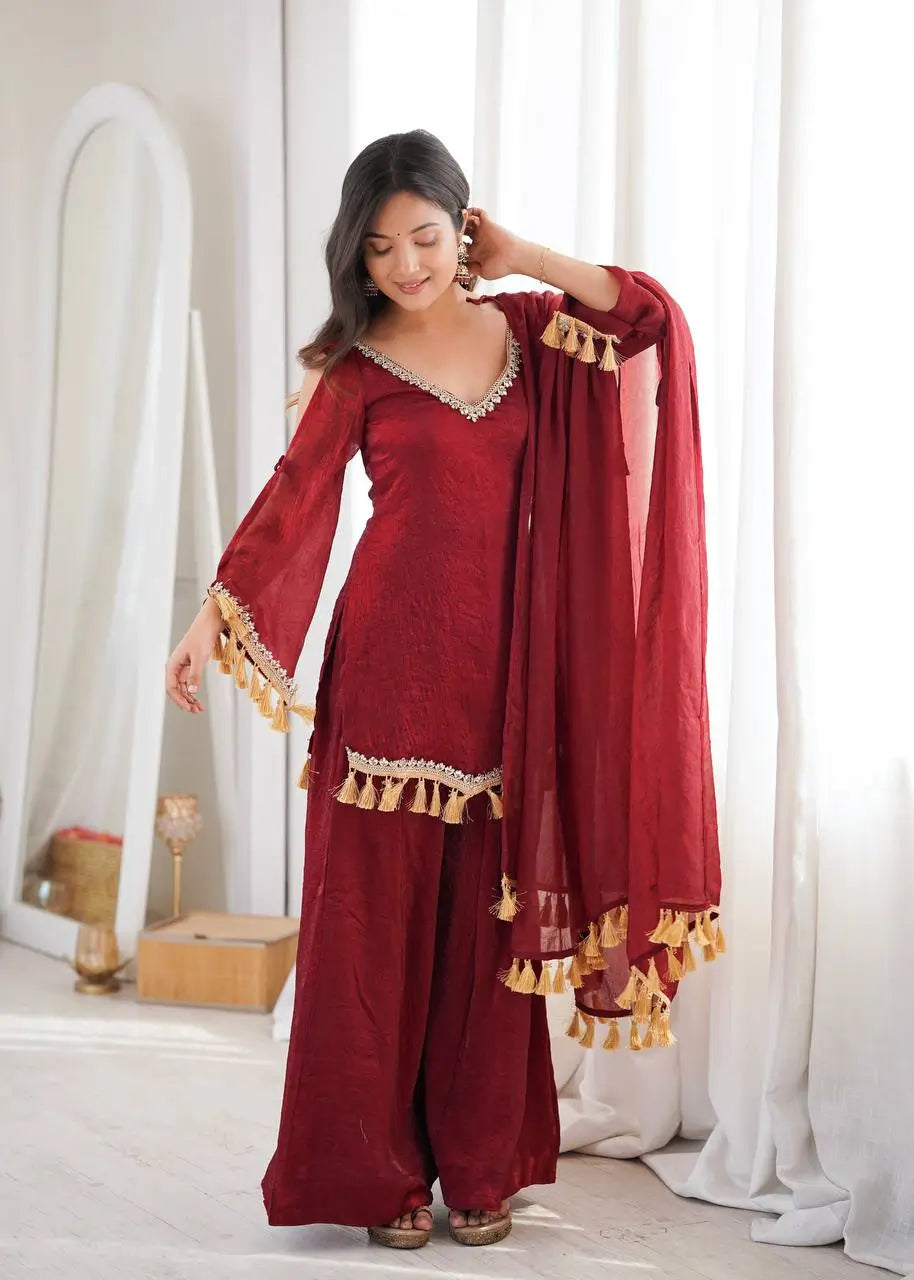 Gold Crepe Kurta Farshi Pant Set with Tassels