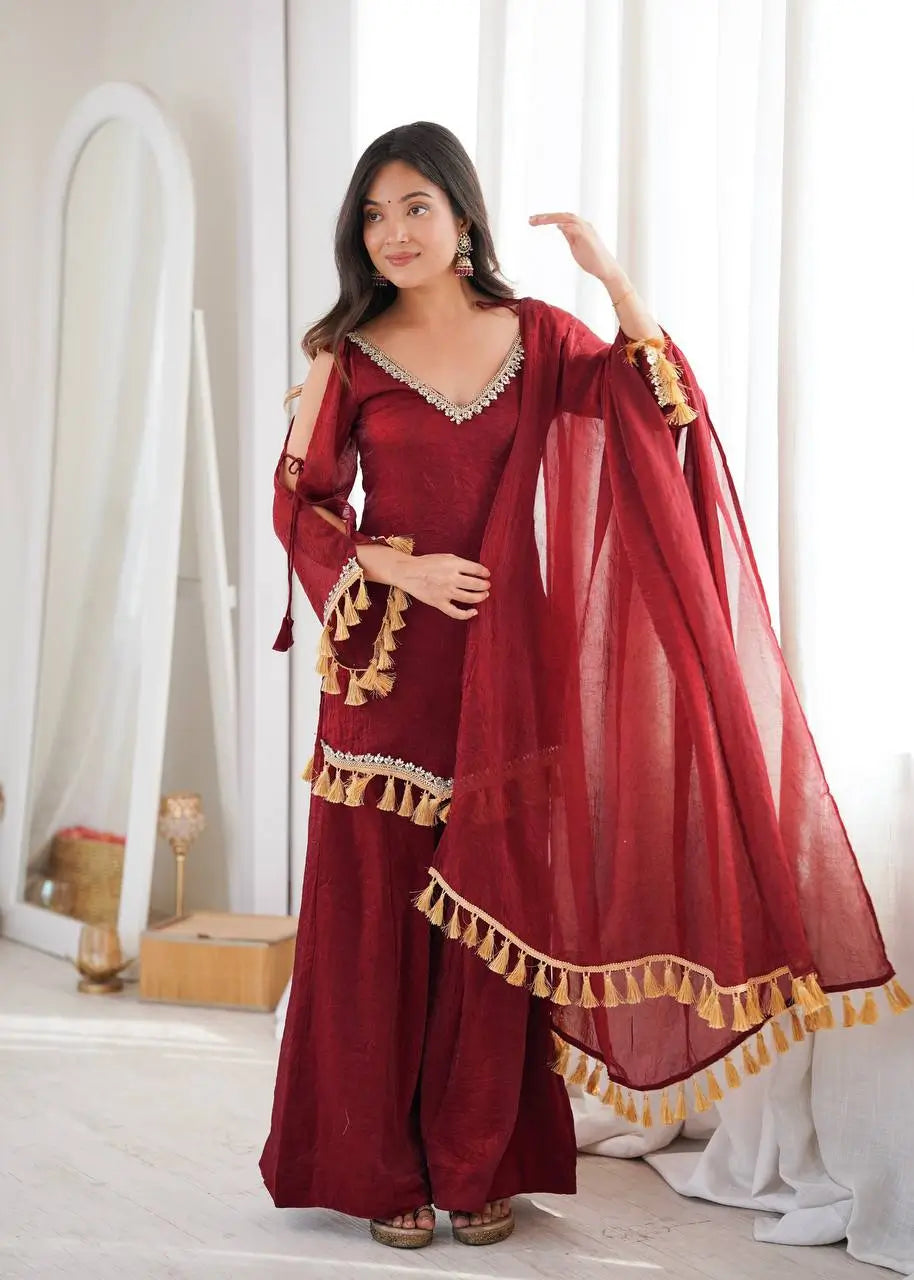 Gold Crepe Kurta Farshi Pant Set with Tassels