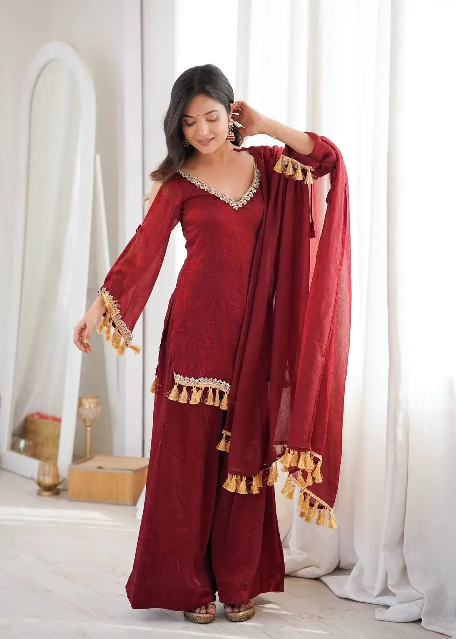 Gold Crepe Kurta Farshi Pant Set with Tassels
