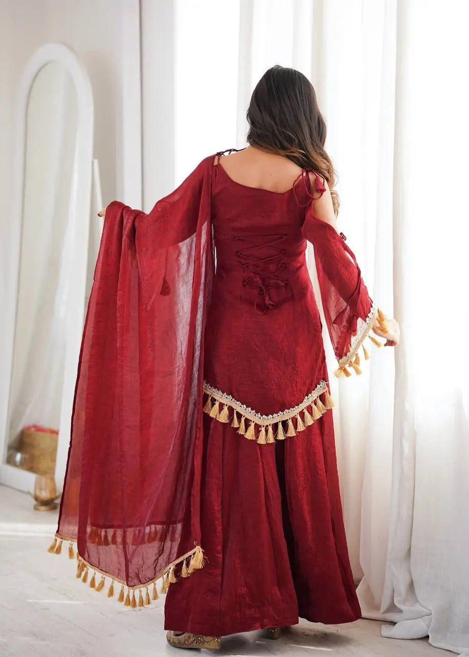 Gold Crepe Kurta Farshi Pant Set with Tassels