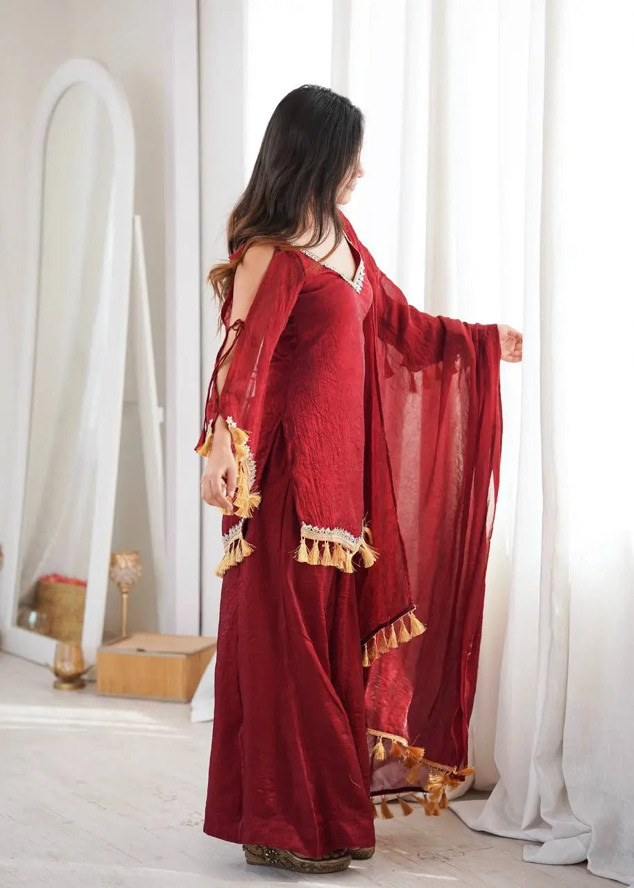 Gold Crepe Kurta Farshi Pant Set with Tassels