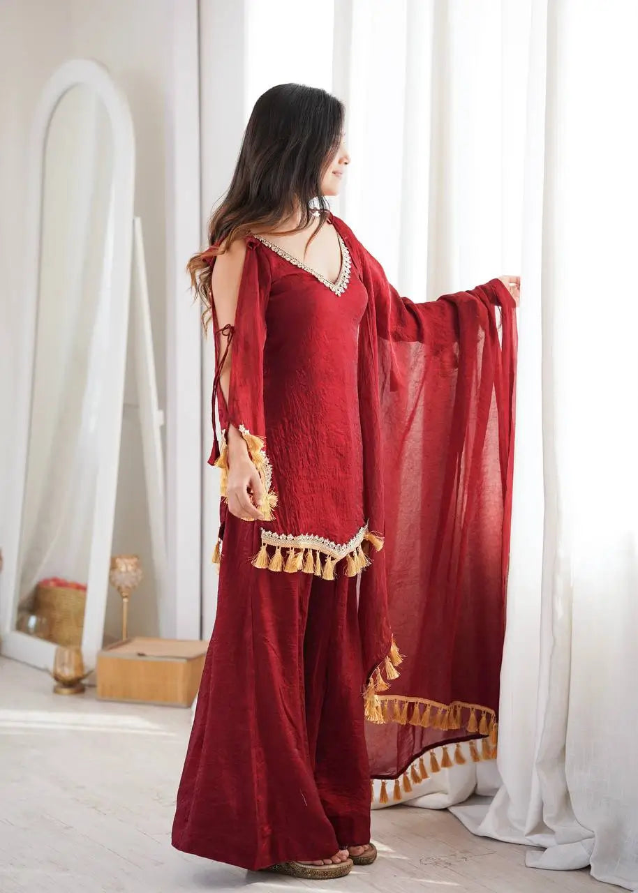 Gold Crepe Kurta Farshi Pant Set with Tassels