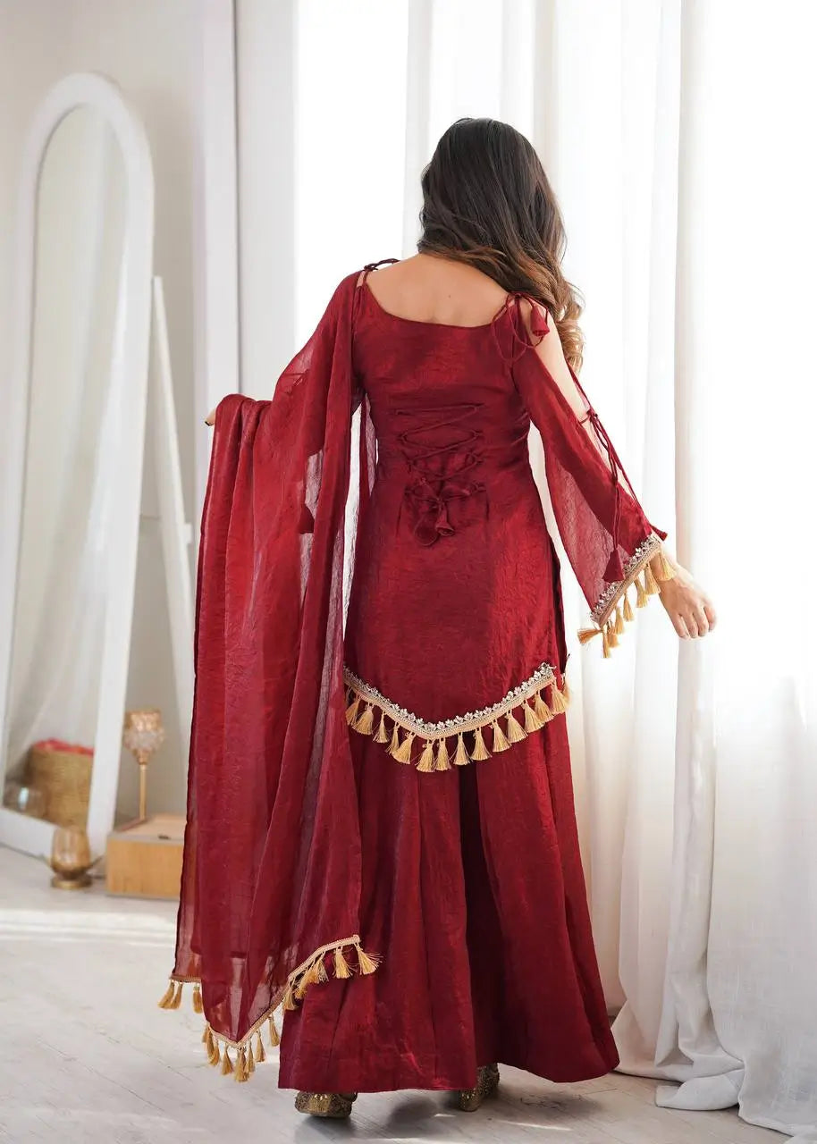 Gold Crepe Kurta Farshi Pant Set with Tassels
