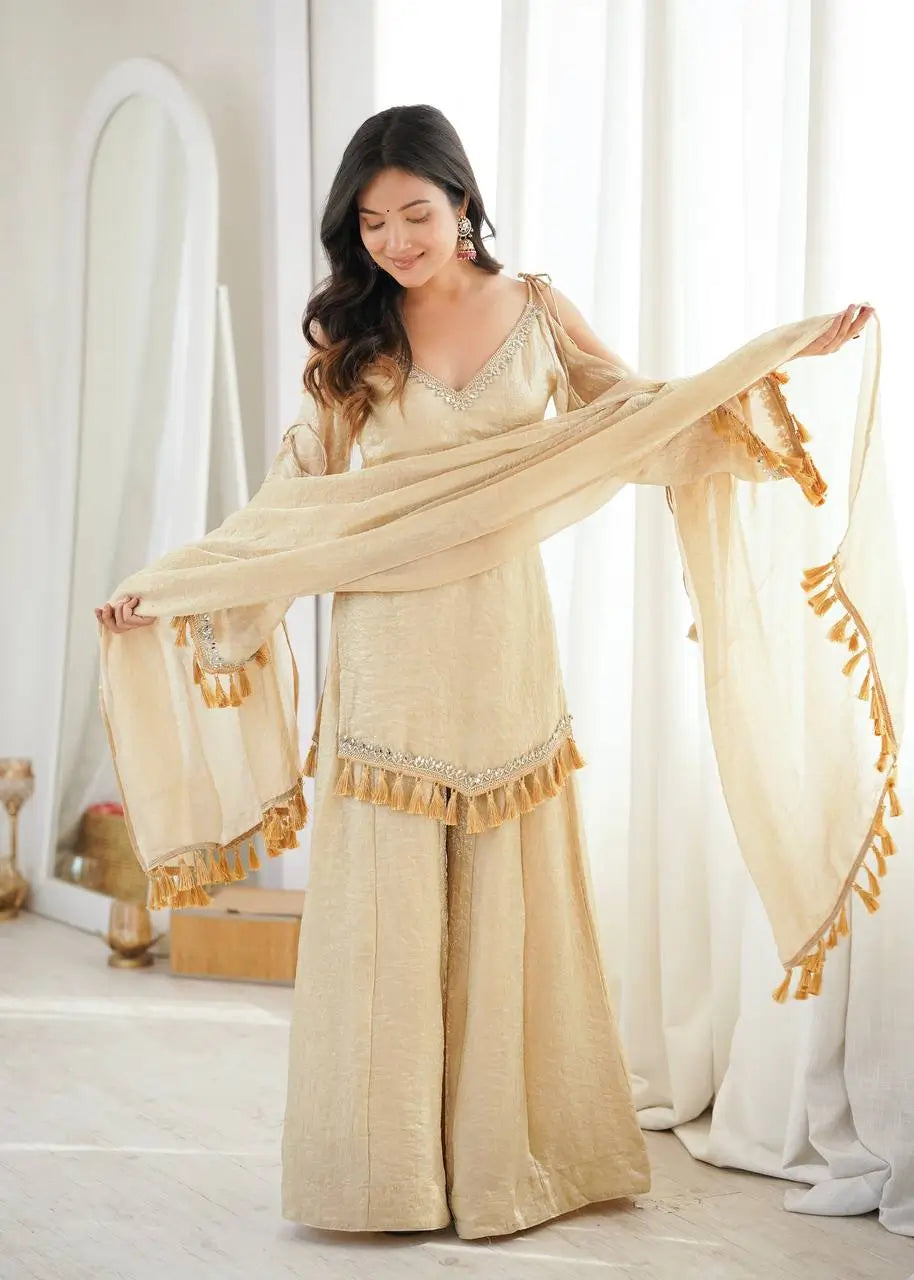 Gold Crepe Kurta Farshi Pant Set with Tassels