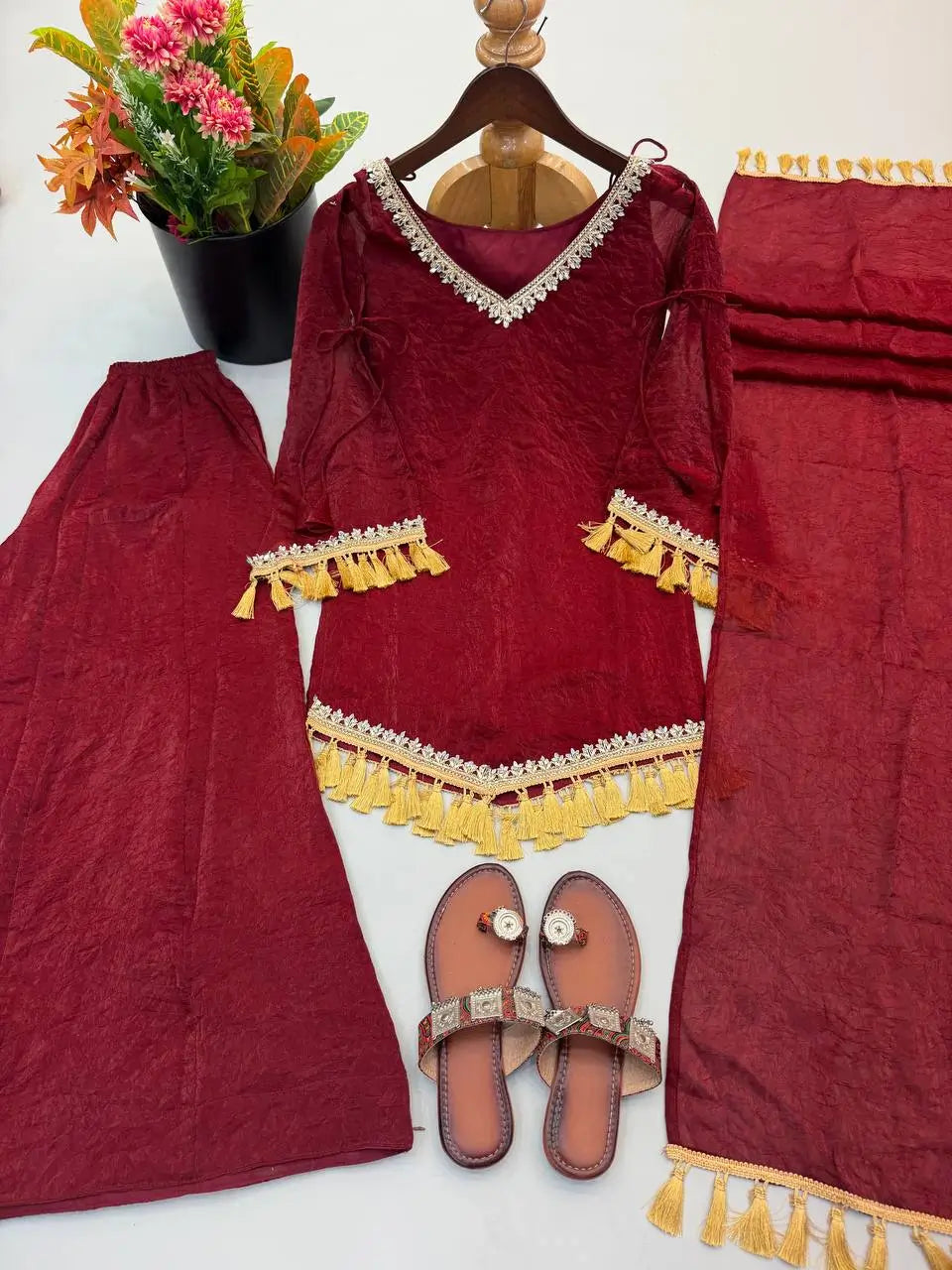 Gold Crepe Kurta Farshi Pant Set with Tassels