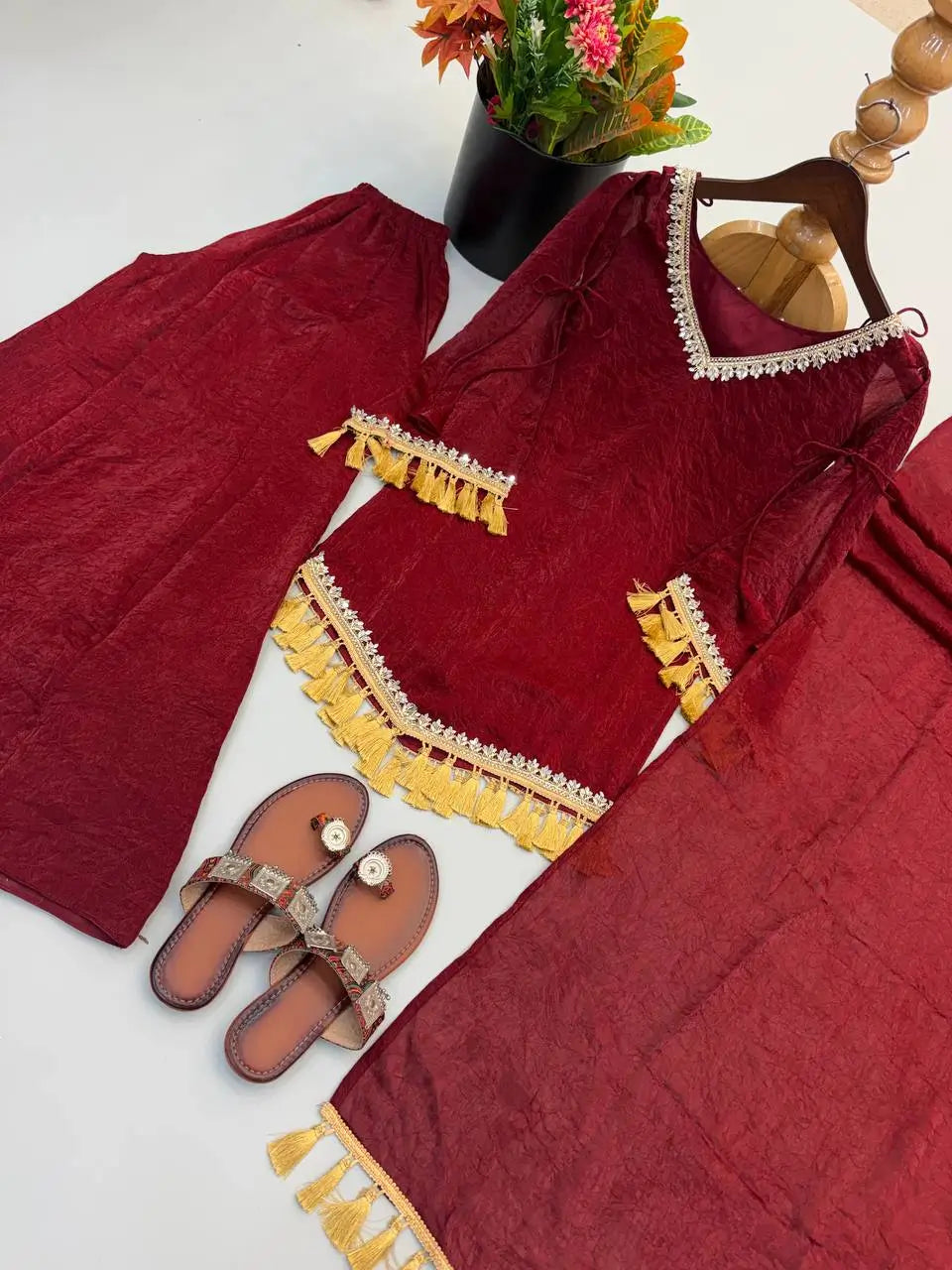 Gold Crepe Kurta Farshi Pant Set with Tassels