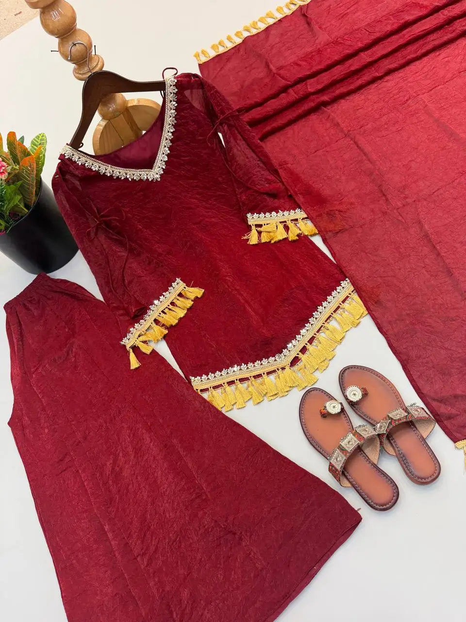 Gold Crepe Kurta Farshi Pant Set with Tassels