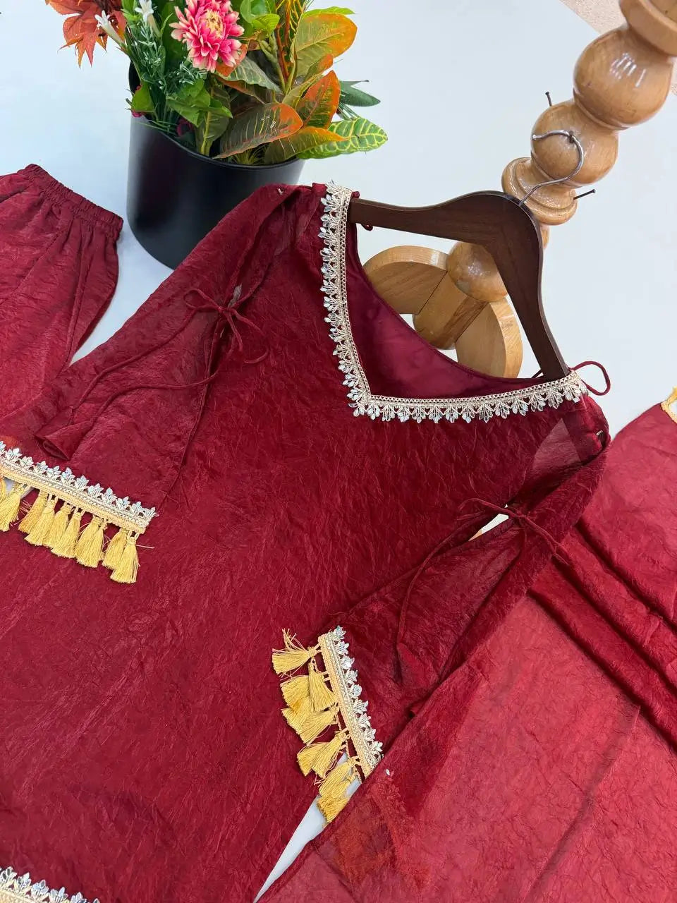 Gold Crepe Kurta Farshi Pant Set with Tassels