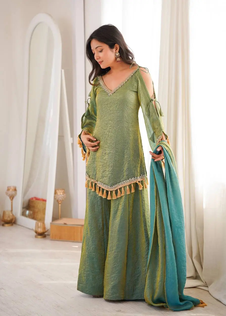 Gold Crepe Kurta Farshi Pant Set with Tassels