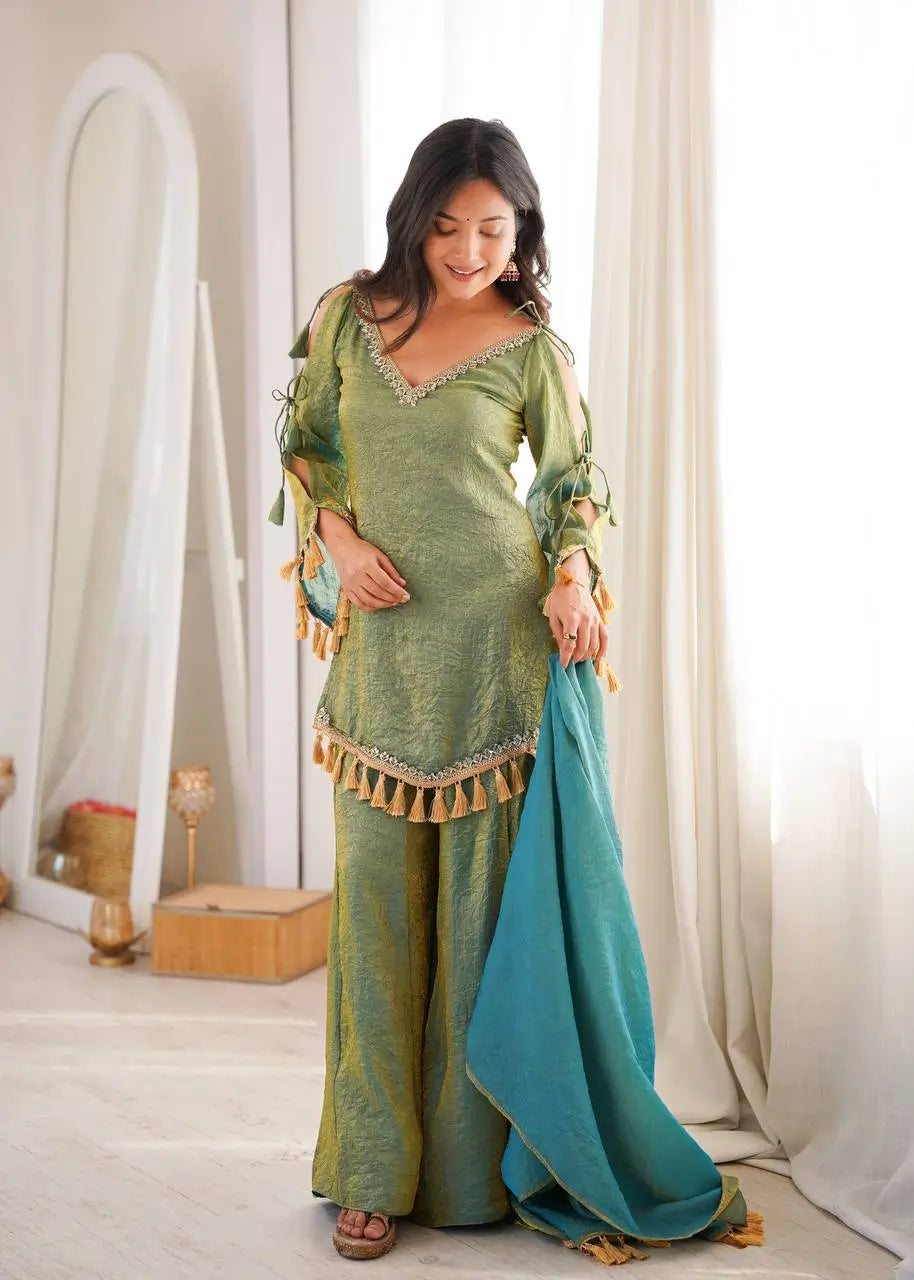 Gold Crepe Kurta Farshi Pant Set with Tassels