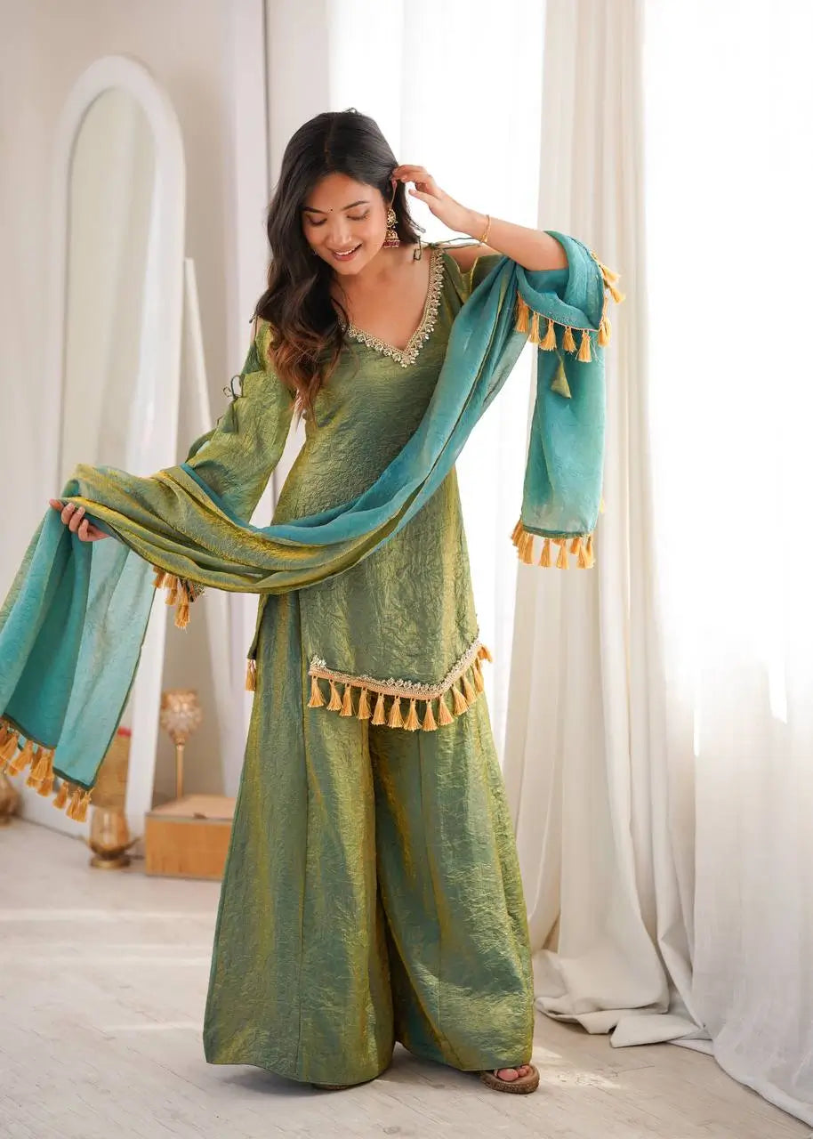 Gold Crepe Kurta Farshi Pant Set with Tassels