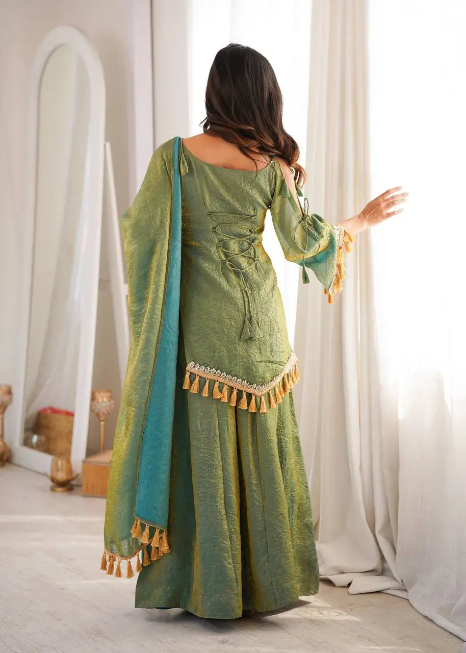 Gold Crepe Kurta Farshi Pant Set with Tassels
