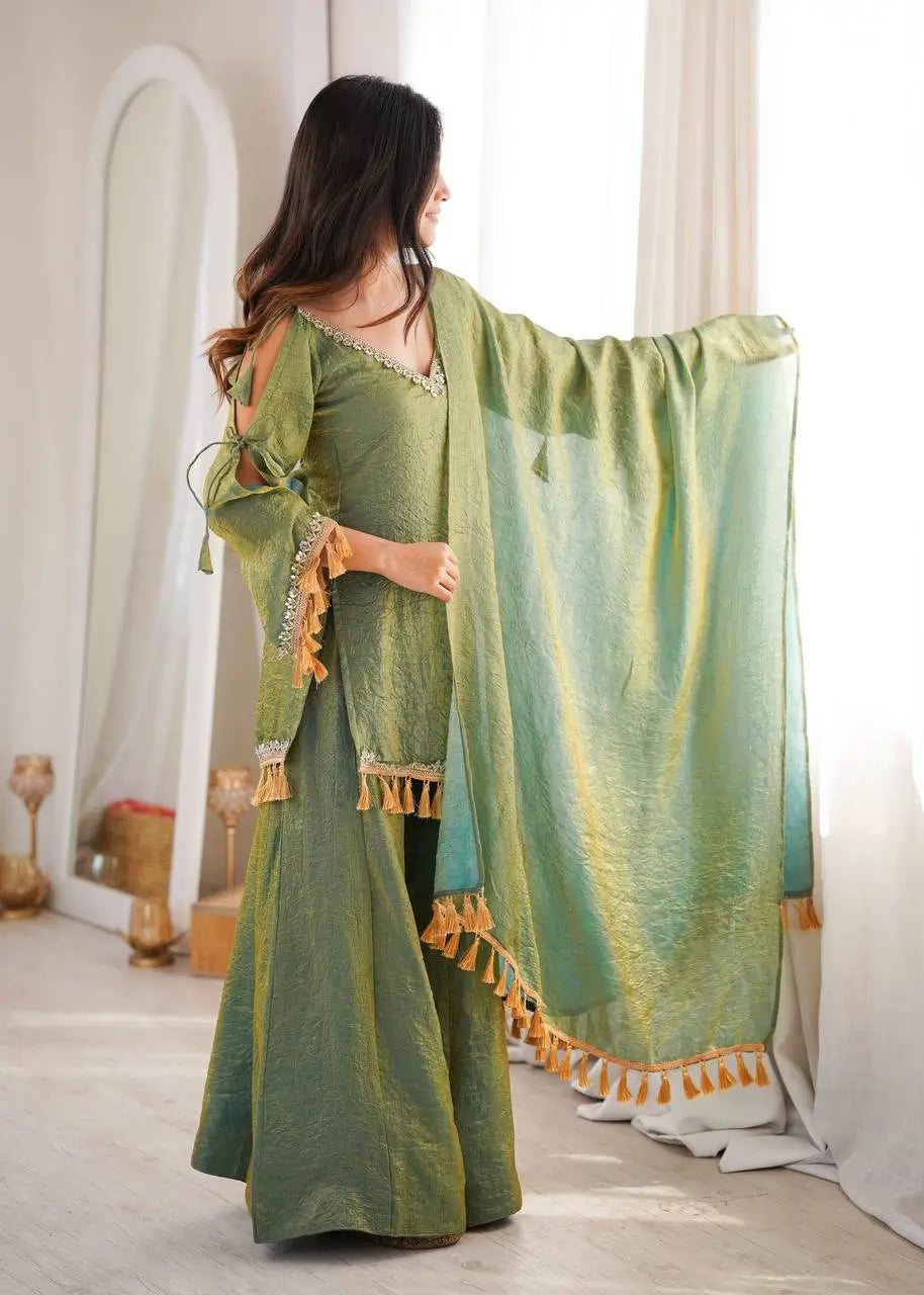 Gold Crepe Kurta Farshi Pant Set with Tassels