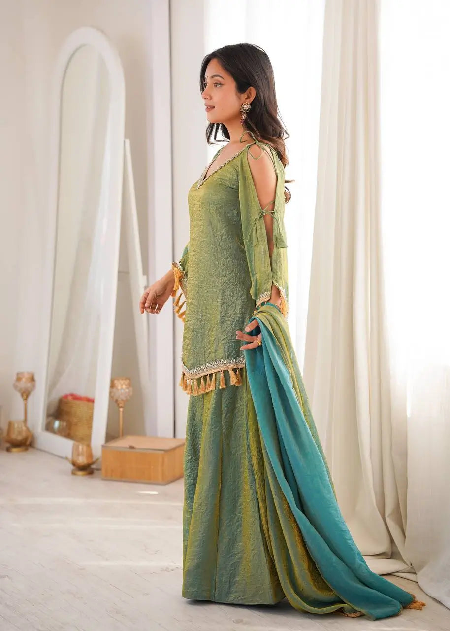 Gold Crepe Kurta Farshi Pant Set with Tassels